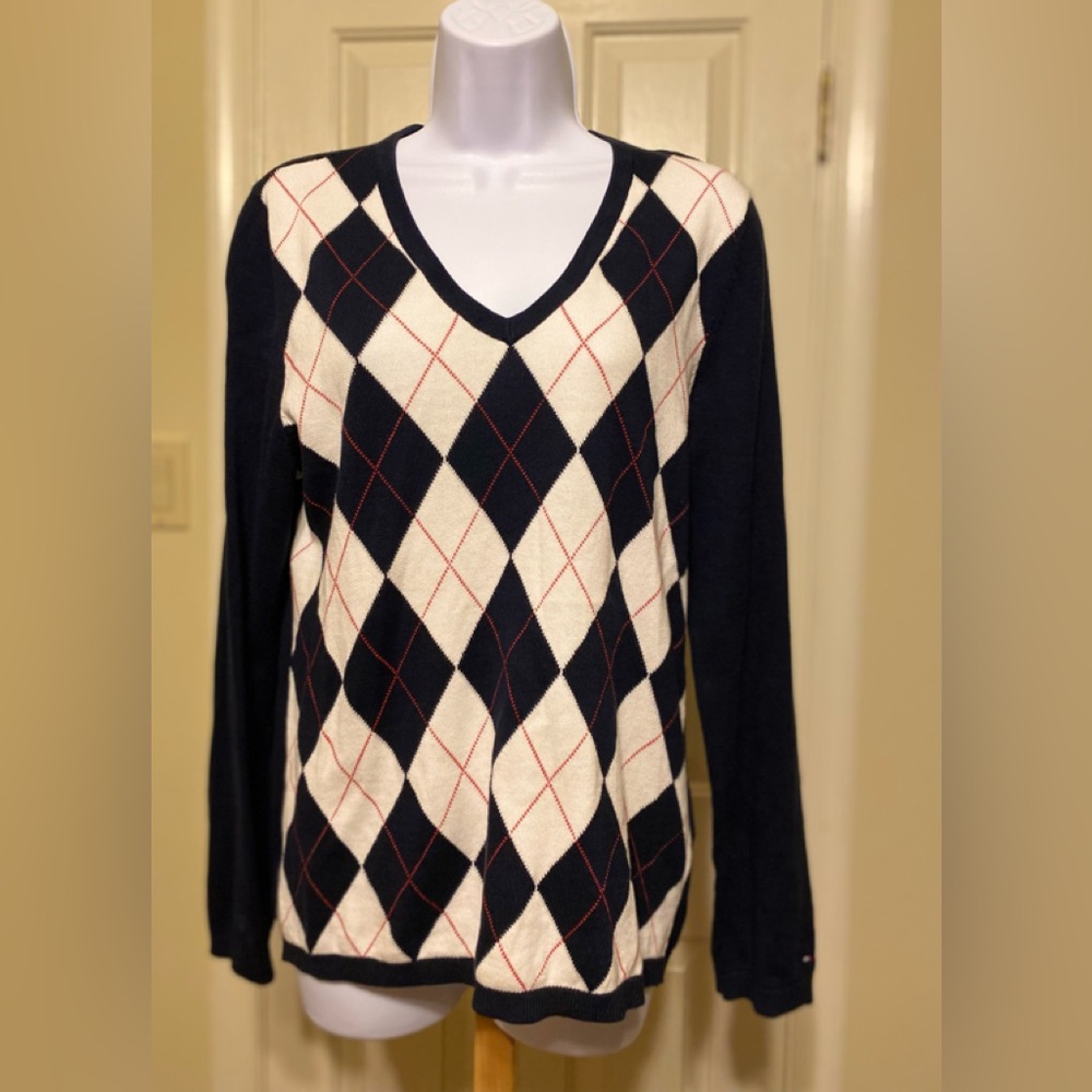 Tommy Hilfiger Navy/Cream/Red/White V-Neck Argyle Sweater, Size: M